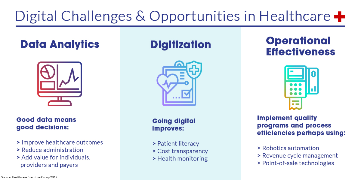 Chart showing challenges in health data analytics digitization and operational effectiveness.